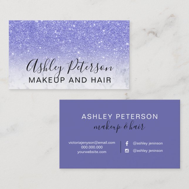 Makeup elegant typography marble purple glitter business card (Front/Back)