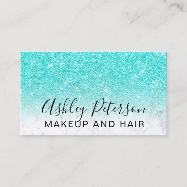 Makeup elegant typography marble turquoise glitter business card (Front)