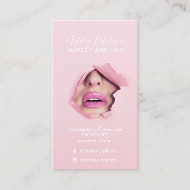 Makeup elegant typography pink lips photo business card (Front)