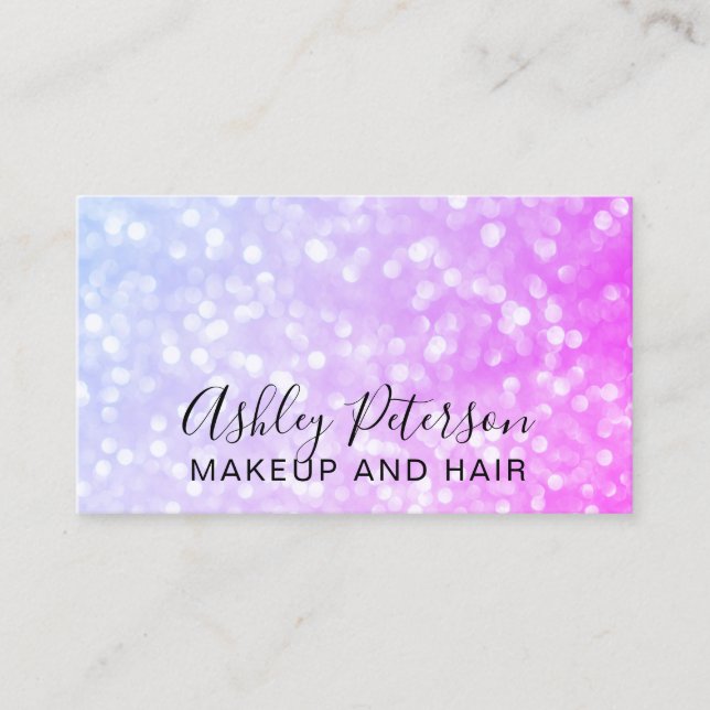 Makeup elegant typography purple pink glitter business card (Front)
