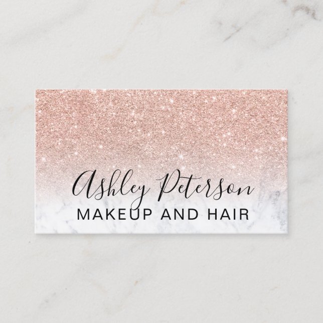 Makeup elegant typography rose gold glitter marble business card (Front)