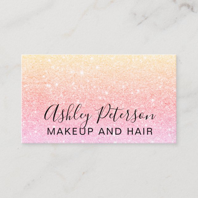Makeup elegant typography yellow pink glitter business card (Front)