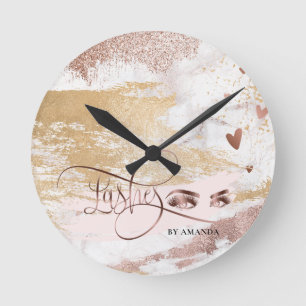 Makeup Eyebrow Eyes Lashes Rose Gold Brush Strokes Round Clock