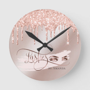 Makeup Eyebrow Eyes Lashes Rose Gold Round Clock
