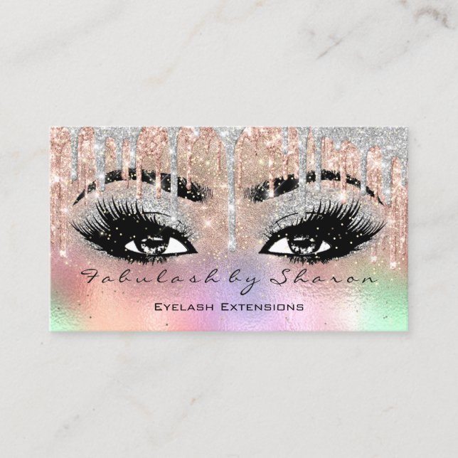 Makeup Eyebrow Lash Glitter Drip Grey Holographic Business Card (Front)