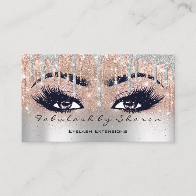 Makeup Eyebrow Lash Glitter Drip Grey Silver Spark Business Card (Front)