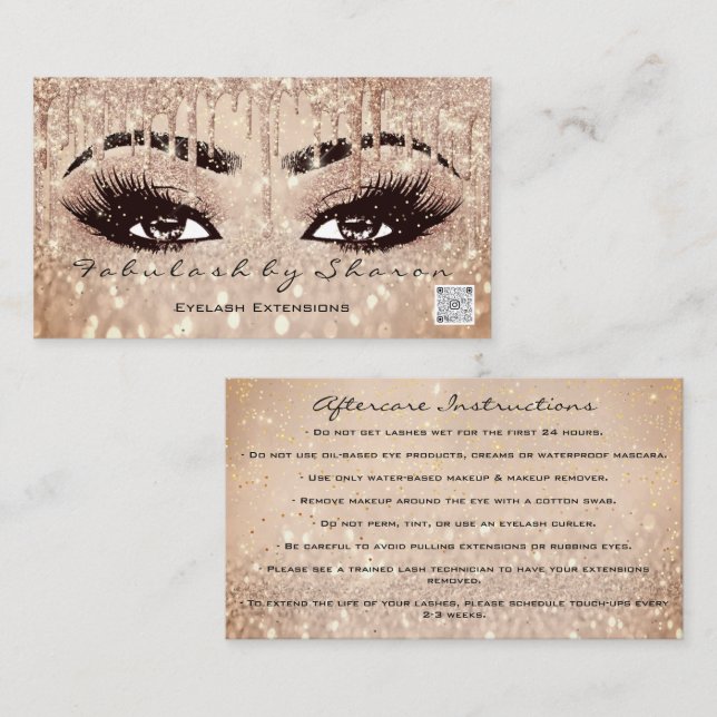 Makeup Eyebrow Lashes Drips Rose QR Code Aftercare Business Card (Front/Back)