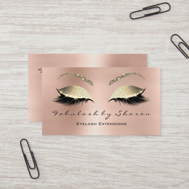 Makeup Eyebrow Lashes Glitter Crystal Rose Gold Business Card (Front/Back In Situ)