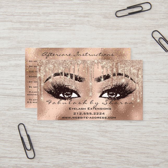 Makeup Eyebrow Lashes Glitter Drip Aftercare  Business Card (Front/Back In Situ)
