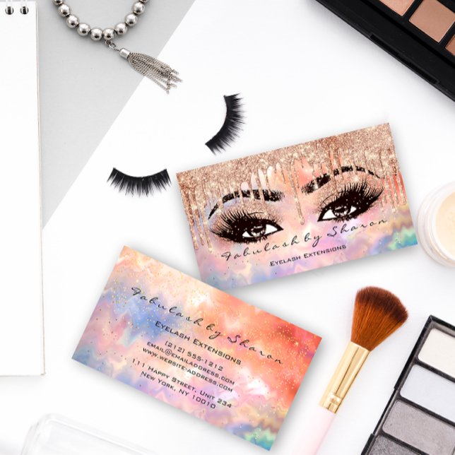 Makeup Eyebrow Lashes Glitter Drip Rose Holograph Business Card (Makeup Eyebrow Lashes Glitter Drip Rose Holograph Business Card)