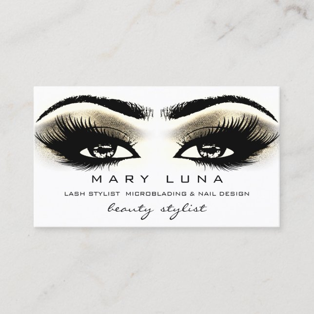 Makeup Eyebrows Lashes White Gold Metallic Eyes Business Card (Front)