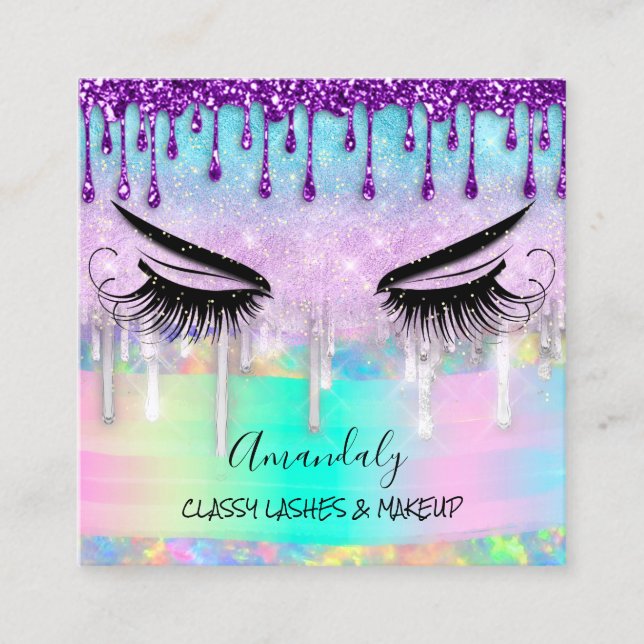 Makeup Eyelash Microblade Nails Studio Purple Drip Square Business Card (Front)