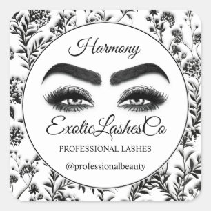 Makeup Eyelash Packaging Cleaner Floral Black Gray Square Sticker