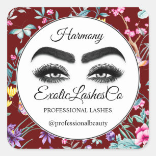 Makeup Eyelash Packaging Cleaner Floral Burgundy Square Sticker