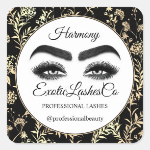 Makeup Eyelash Packaging Cleaner Floral Gold Black Square Sticker
