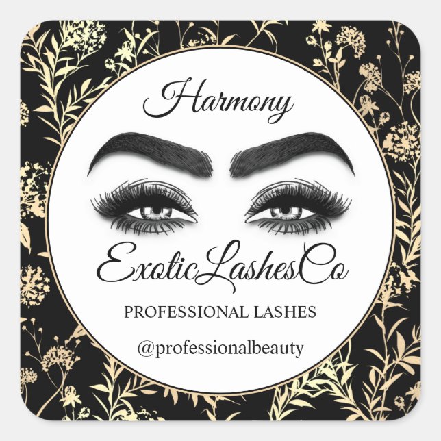 Makeup Eyelash Packaging Cleaner Floral Gold Black Square Sticker (Front)