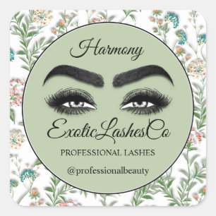 Makeup Eyelash Packaging Cleaner Floral Mint Green Square Sticker