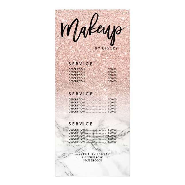 Makeup faux rose pink glitter marble price list rack card (Front)