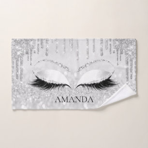 Makeup Glitter Eyes Drips Silver Grey Custom Name Hand Towel