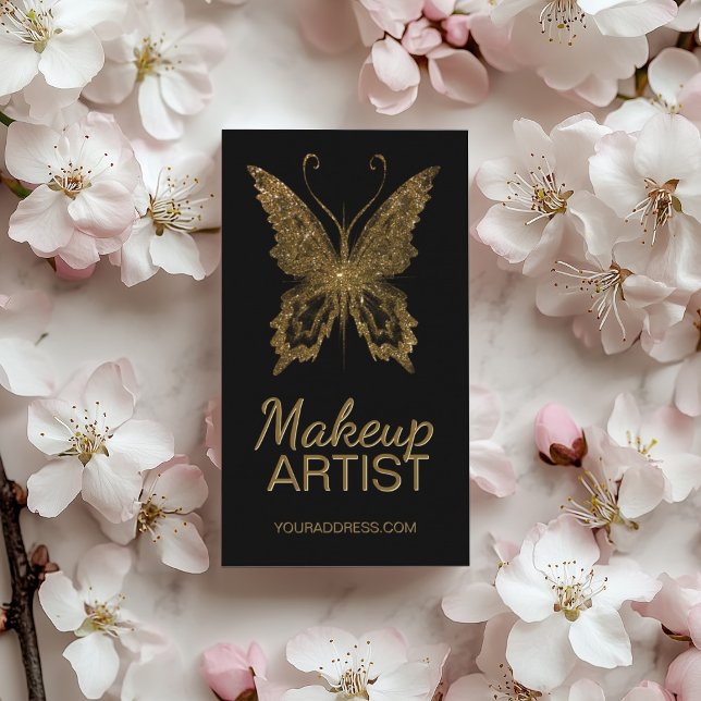Makeup Glitter Faux Gold Foil Butterfly Black Business Card (Perfect for business)