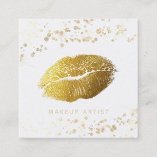 *~* Makeup Gold Glitter Lips Gold Confetti White Square Business Card