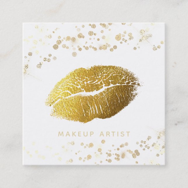 *~* Makeup Gold Glitter Lips Gold Confetti White Square Business Card (Front)