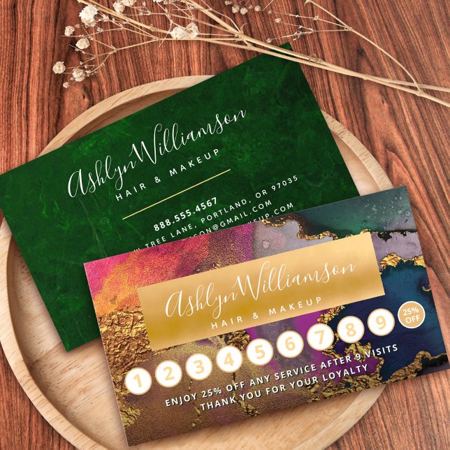 Makeup hair agate watercolor gold purple green loyalty card (Creator Uploaded)
