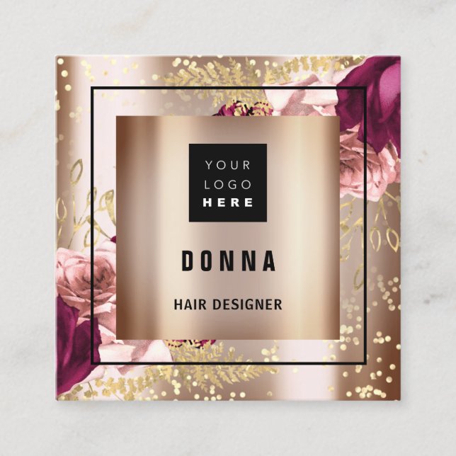 Makeup  Hair Beauty Logo QR CODE Rose Gold Frame Square Business Card (Front)