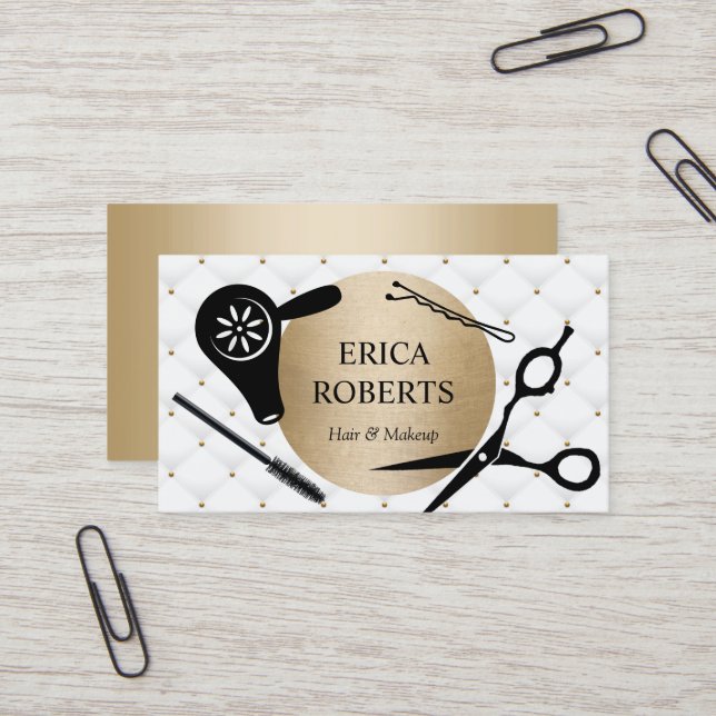 Makeup & Hair Beauty Salon Elegant Gold Circle Business Card (Front/Back In Situ)