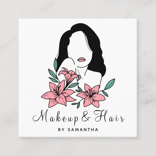 Makeup & Hair Drawn Woman Silhouette Pretty Female Square Business Card (Front)