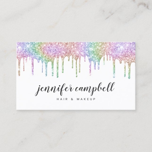 Makeup hair holographic rainbow glitter drips glam business card (Front)