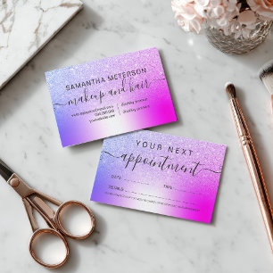 Makeup hair pink purple glitter metallic foil appointment card