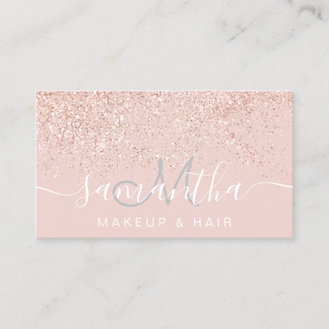 Makeup hair rose gold glitter pastel blush pink business card (Front)