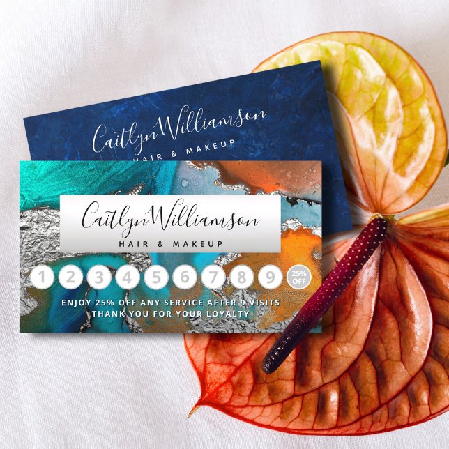 Makeup hair salon silver blue agate watercolor  loyalty card (Creator Uploaded)