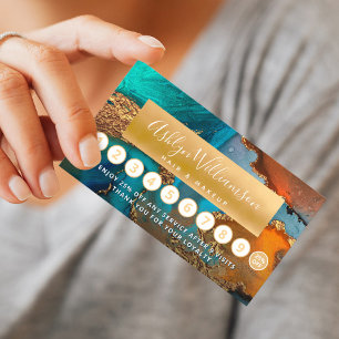 Makeup hair salon watercolor agate gold turquoise loyalty card
