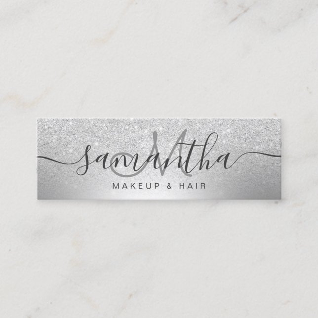 Makeup hair silver glitter ombre metallic foil mini business card (Front)