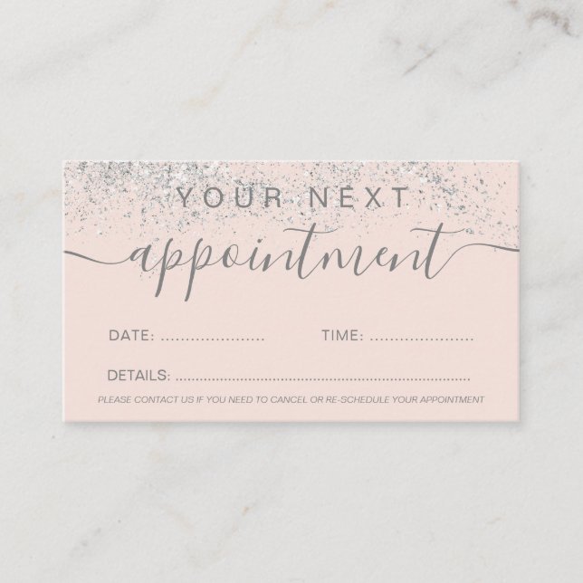 Makeup hair silver glitter pastel blush pink appointment card (Front)