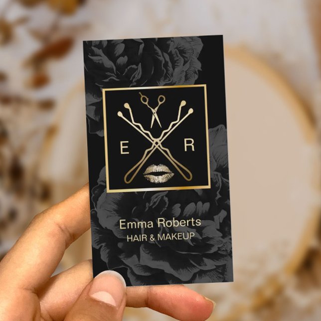 Makeup & Hair Stylist Elegant Dark Floral Beauty Business Card (Creator Uploaded)