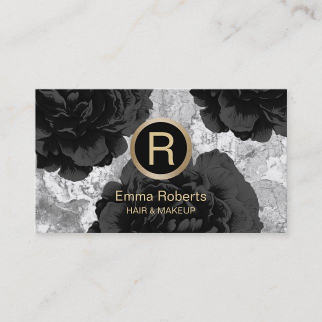 Makeup & Hair Stylist Gold Monogram Black Floral Business Card (Front)