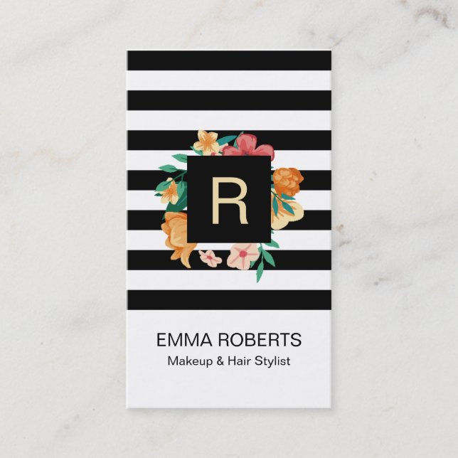 Makeup & Hair Stylist Modern Flower & Stripes Business Card (Front)