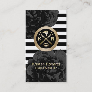 Makeup & Hair Stylist Modern Stripes Black Floral Business Card
