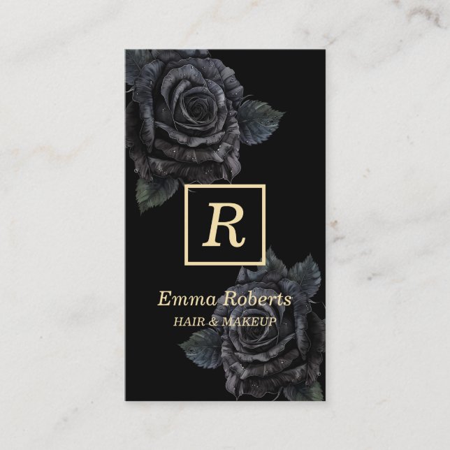 Makeup & Hair Stylist Monogram Elegant Dark Floral Business Card (Front)