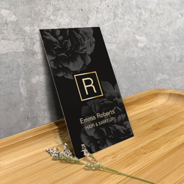 Makeup & Hair Stylist Monogram Elegant Dark Floral Business Card (Creator Uploaded)