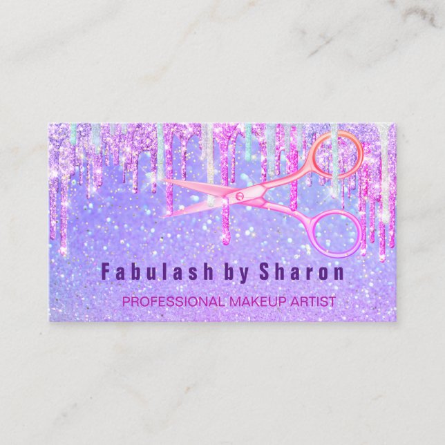 Makeup Hairdresser Pink Holograph Unicorn Drips Business Card (Front)