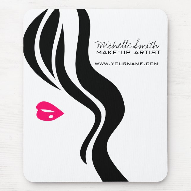 Makeup Icon Woman face in black white pink lips Mouse Pad (Front)