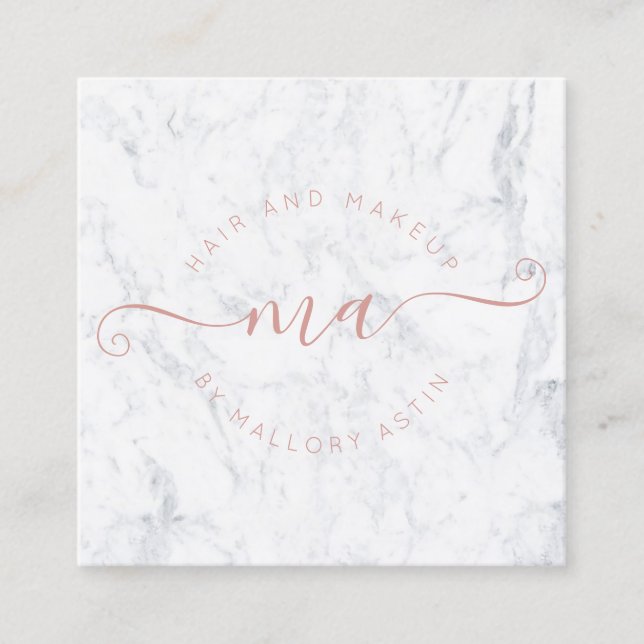 Makeup initials logo modern marble minimalist square business card (Front)