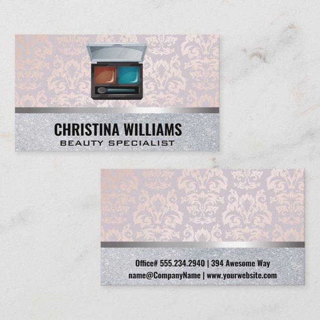 Makeup Kit | Damask Glitter and Metal Business Card (Front/Back)