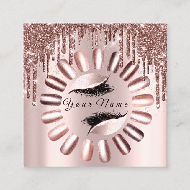 Makeup Lashes Glitter Rose Nails  Manicure Skinny Square Business Card (Front)