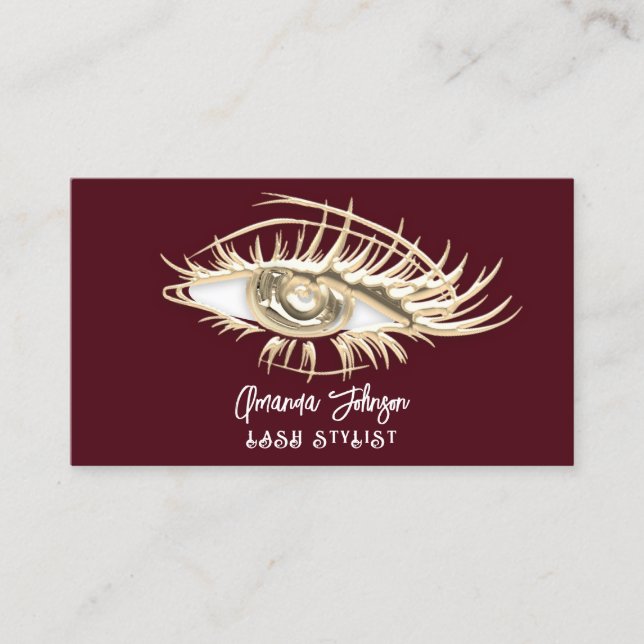 Makeup Logo Burgundy Gold Eyelash Qr Code   Business Card (Front)
