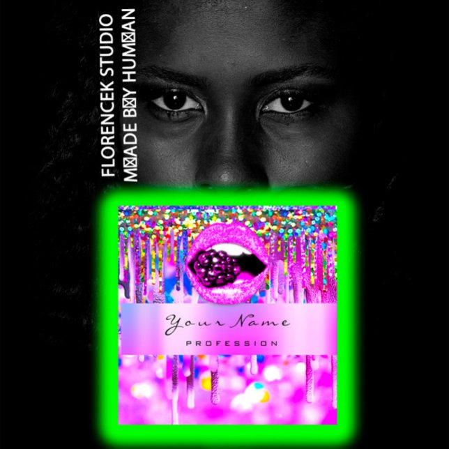 Makeup Logo Lips Holograph Drip Berry QRCODE LOGO Square Business Card (Makeup Logo Lips Holograph Drip Berry QRCODE LOGO Square Business Card)
